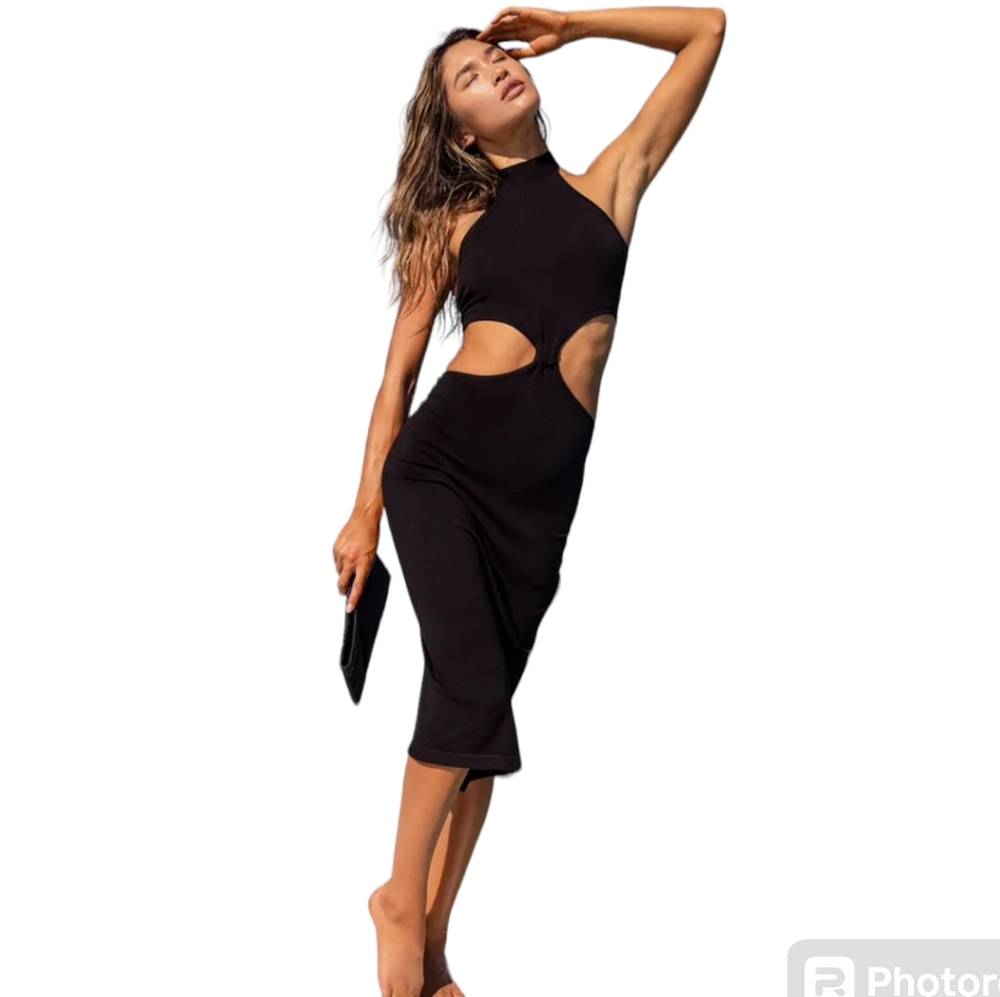 Lulus Loving It Black Knit Cuttout Halter Body Con Dress